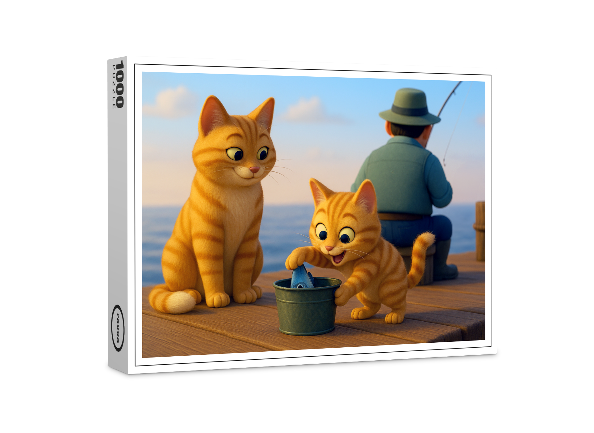 raxxa Premium-Puzzle: Und so klaut man erfolgreich Fisch. Katzenmutter unterrichtet ihren Nachwuchs