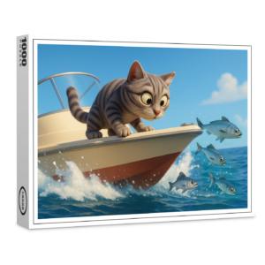 raxxa Premium-Puzzle: Katze an Bord eines Bootes beobachtet Fische