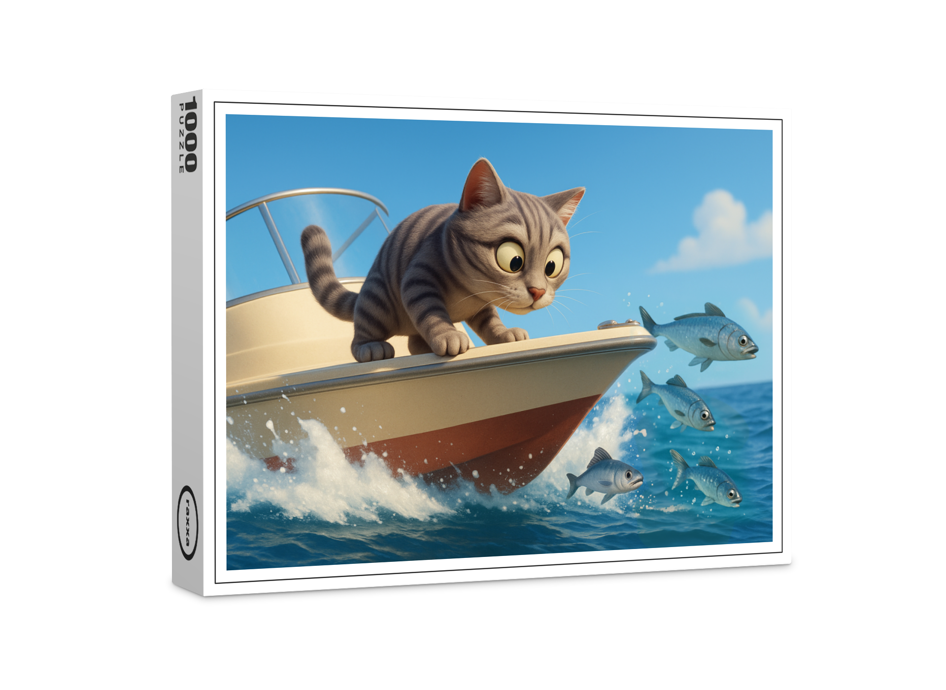 raxxa Premium-Puzzle: Katze an Bord eines Bootes beobachtet Fische