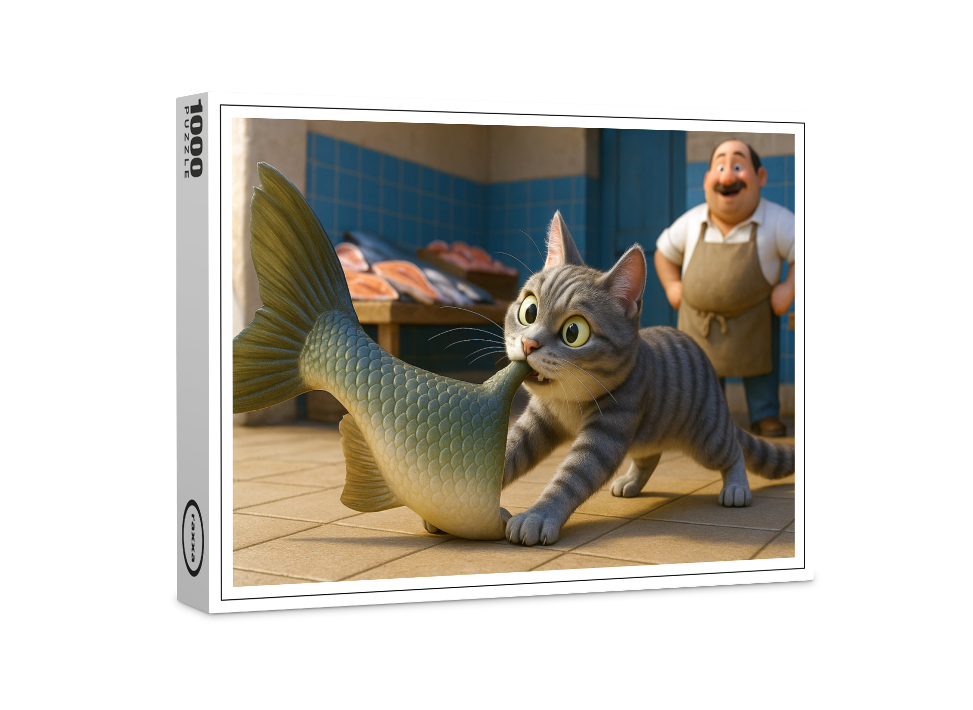 raxxa Premium-Puzzle: Erfolg beim netten Fischhändler - Katze und Fisch