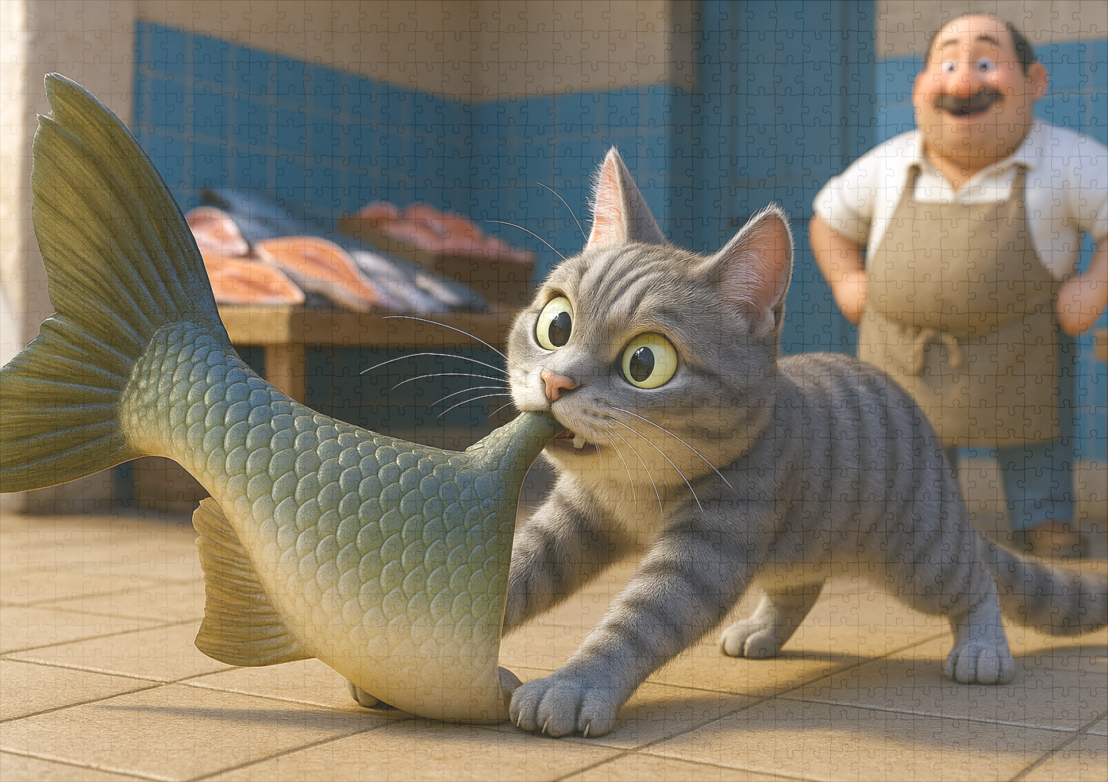 raxxa Premium-Puzzle: Erfolg beim netten Fischhändler - Katze und Fisch – Bild 2