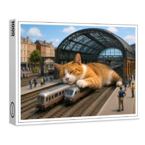 raxxa Premium-Puzzle: Heute Verspätung. Katze schläft auf der Eisenbahn