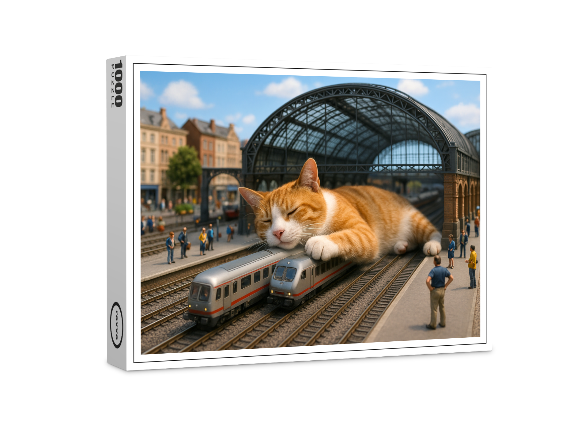 raxxa Premium-Puzzle: Heute Verspätung. Katze schläft auf der Eisenbahn