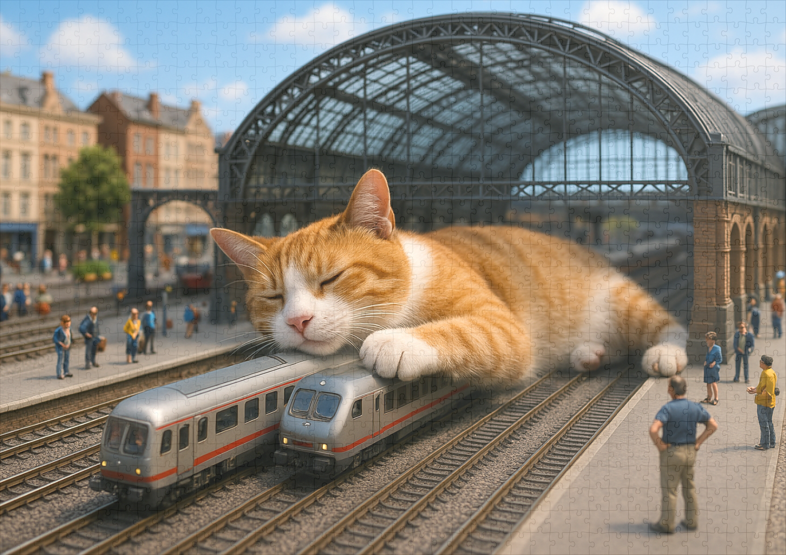 raxxa Premium-Puzzle: Heute Verspätung. Katze schläft auf der Eisenbahn - Imagen 2