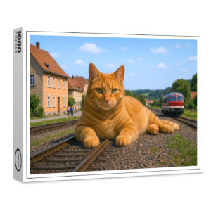 raxxa Premium-Puzzle: Der Zug fährt erst, wenn ich das will - Roter Kater auf den Gleisen