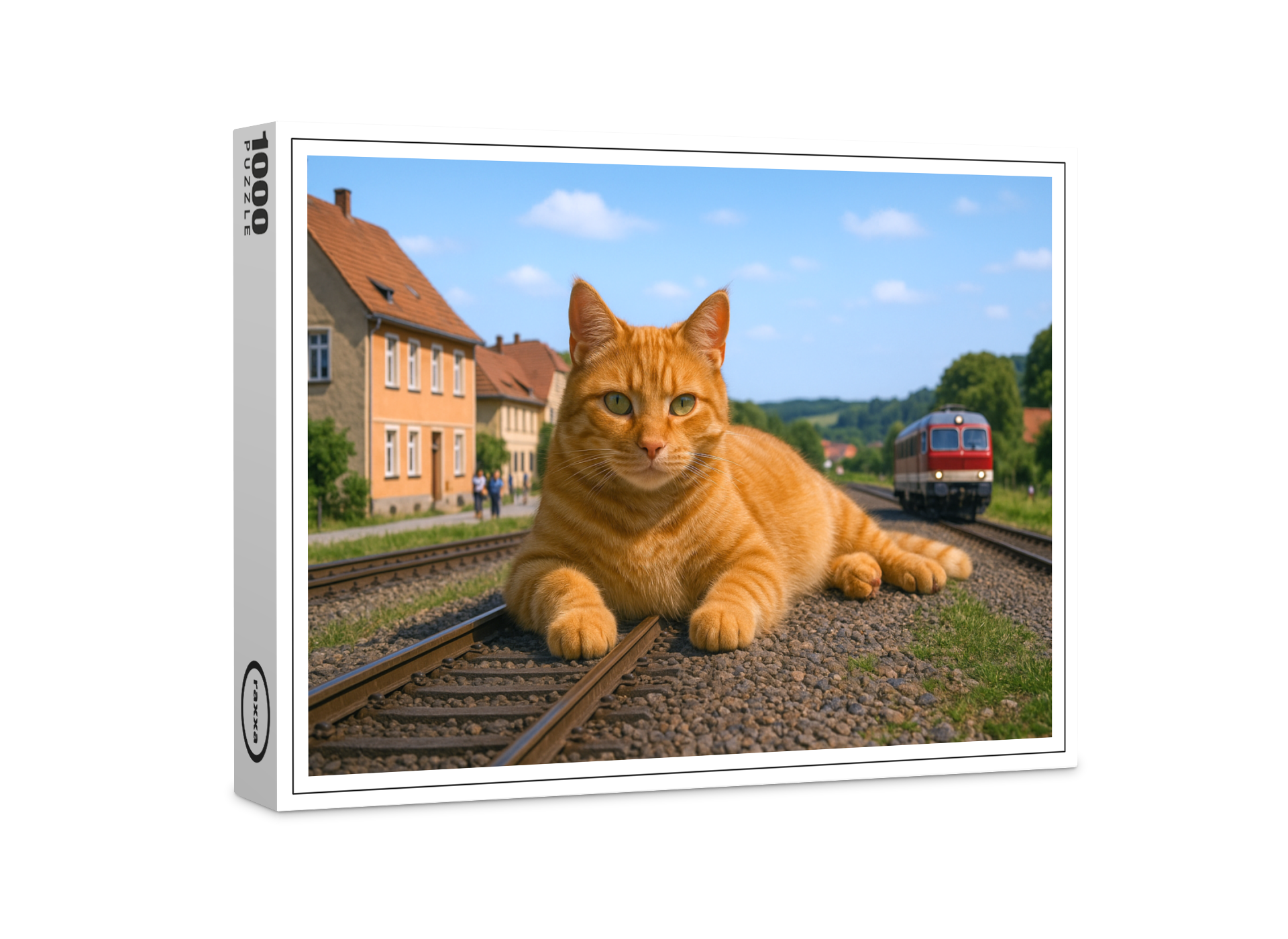 raxxa Premium-Puzzle: Der Zug fährt erst, wenn ich das will - Roter Kater auf den Gleisen