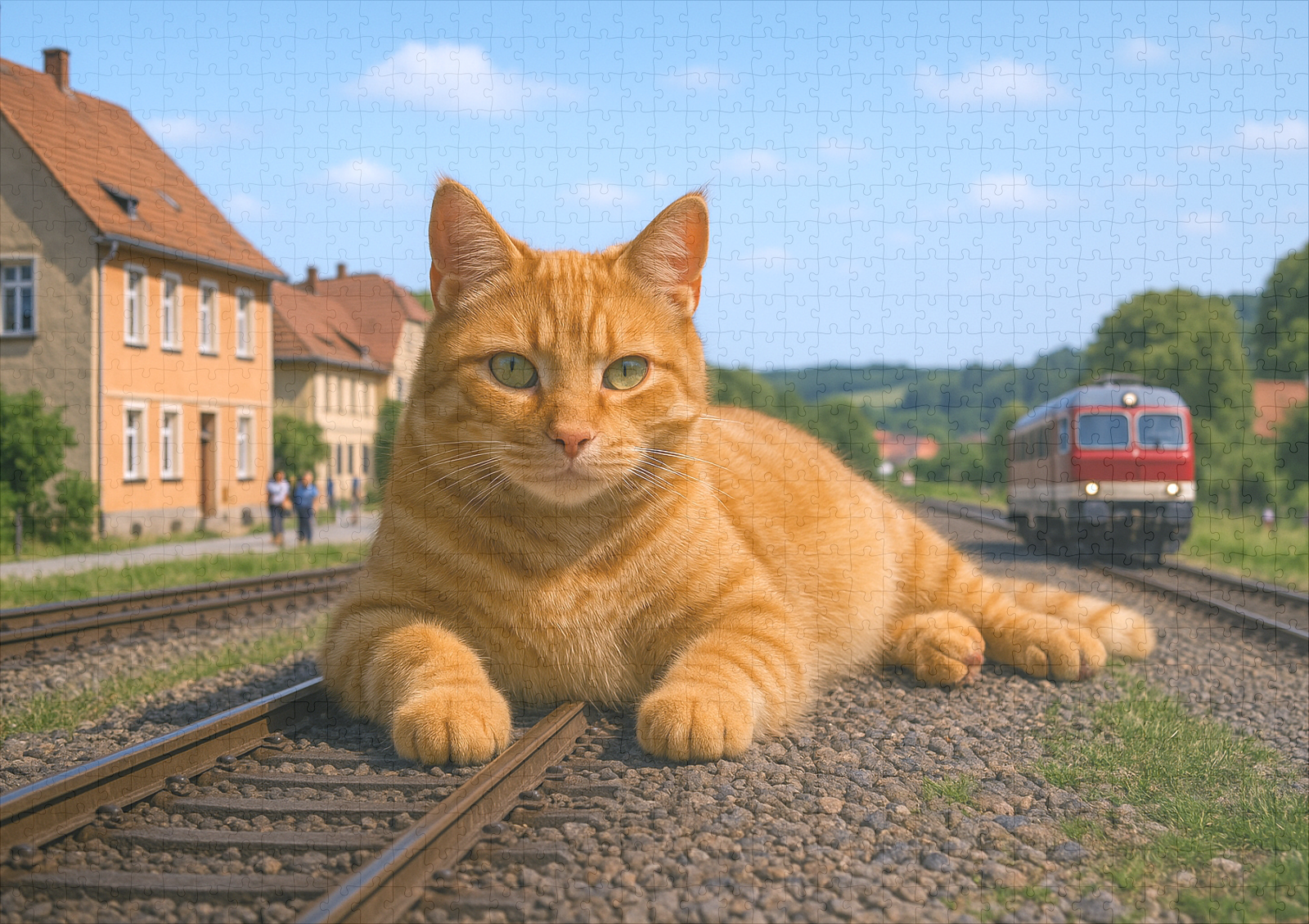 raxxa Premium-Puzzle: Der Zug fährt erst, wenn ich das will - Roter Kater auf den Gleisen - Imagen 2