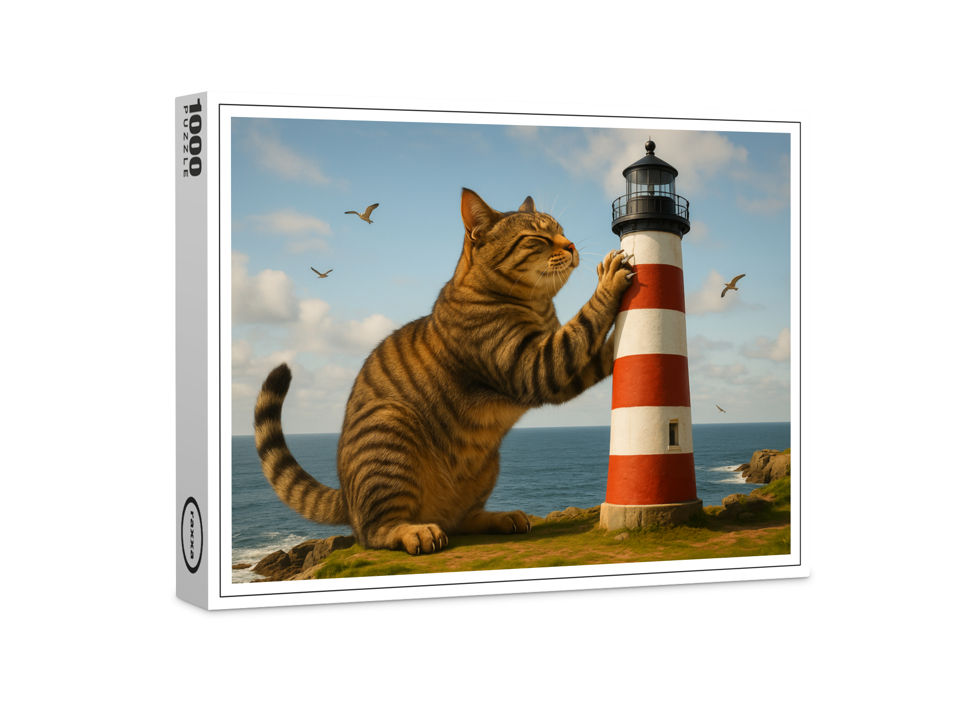 raxxa Premium-Puzzle: Mein Lieblingskratzbaum - Katze mit Leuchtturm