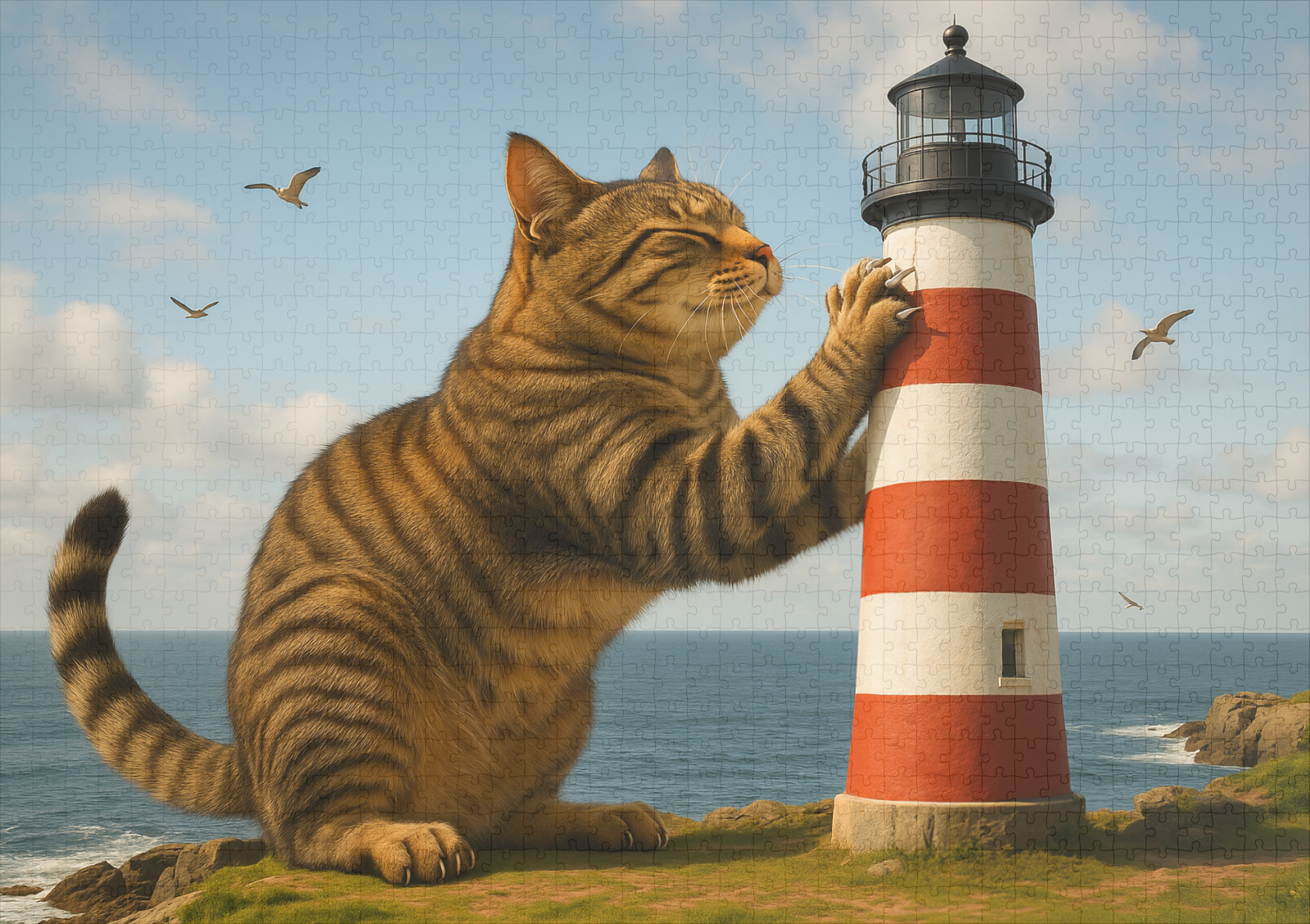 raxxa Premium-Puzzle: Mein Lieblingskratzbaum - Katze mit Leuchtturm – Bild 2