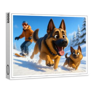 raxxa Premium-Puzzle: Schäferhund und Welpe im Schnee mit Herrchen