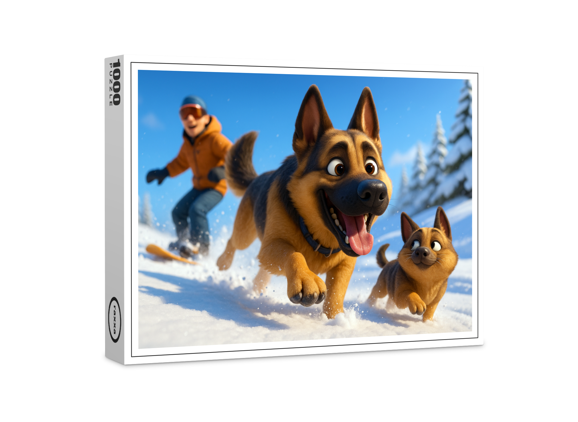 raxxa Premium-Puzzle: Schäferhund und Welpe im Schnee mit Herrchen