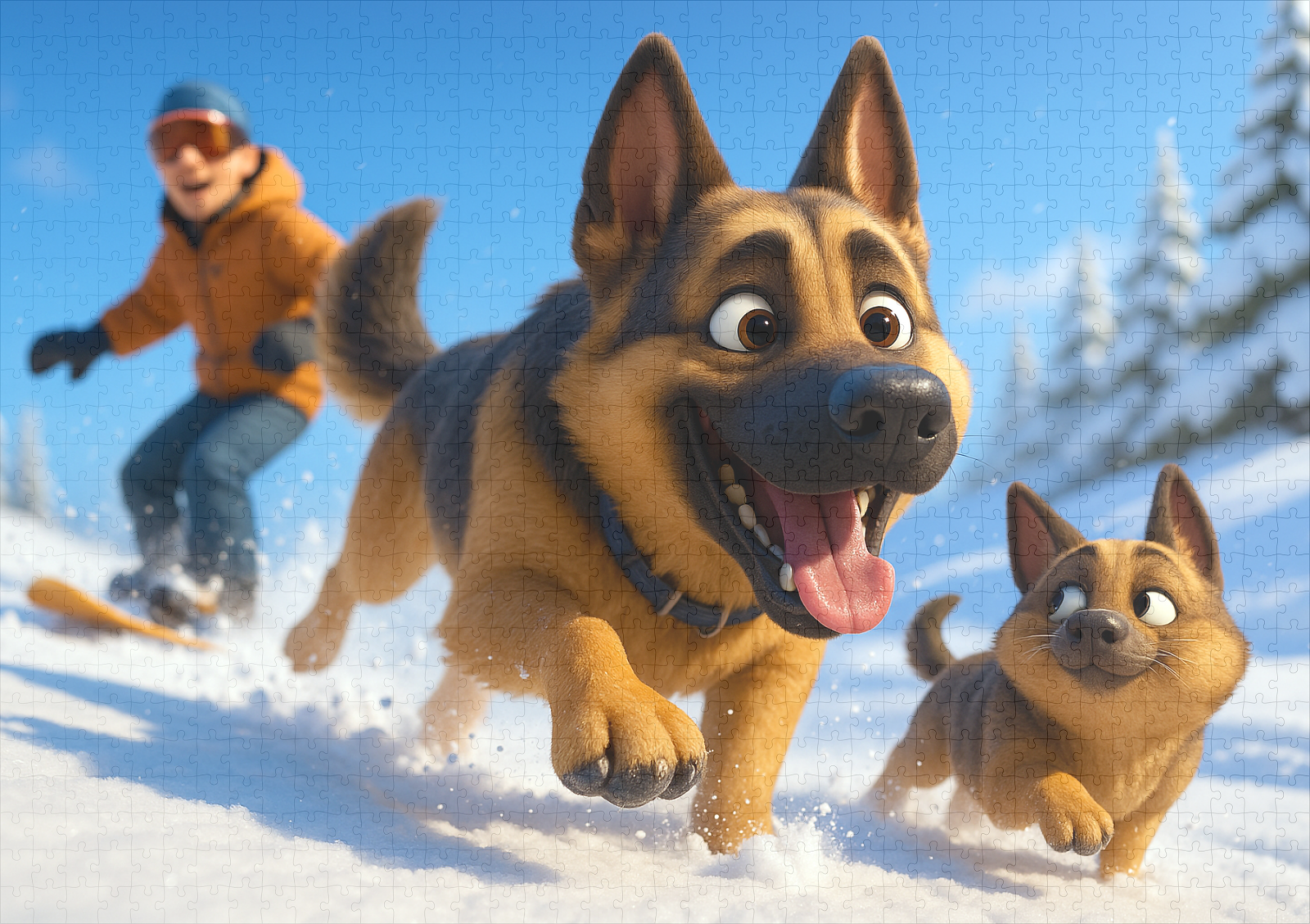 raxxa Premium-Puzzle: Schäferhund und Welpe im Schnee mit Herrchen – Image 2