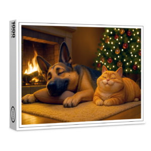 raxxa Premium-Puzzle: Schäferhund und Kater genießen die Feiertage am Kamin