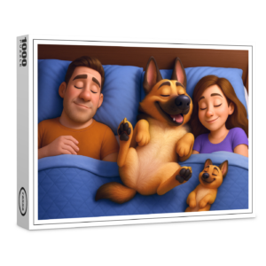 raxxa Premium-Puzzle: Schäferhund im Bett mit seiner Familie