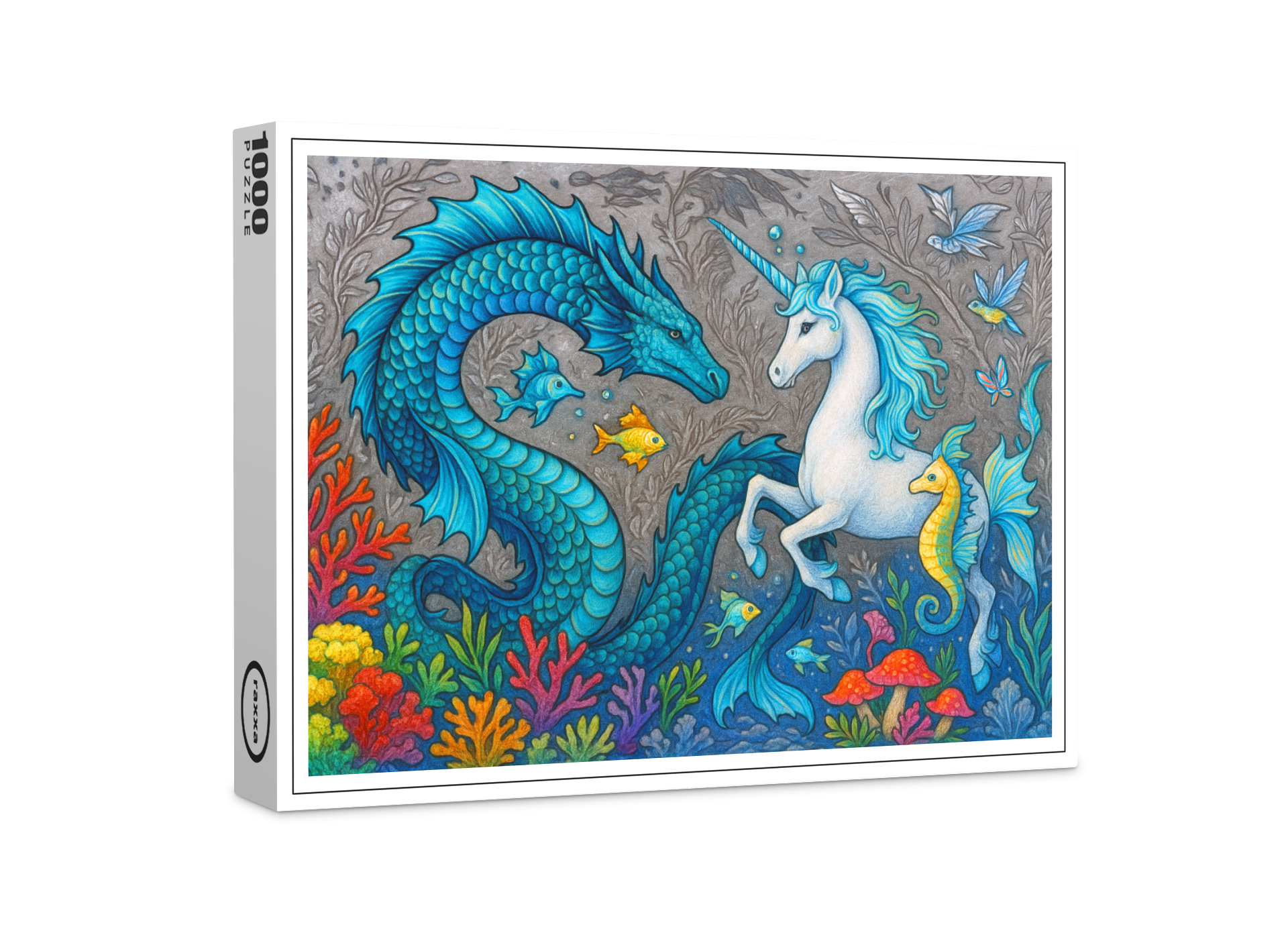 raxxa Premium-Puzzle: Wasserdrache und Seepferdchen-Einhorn - mystische Wesen
