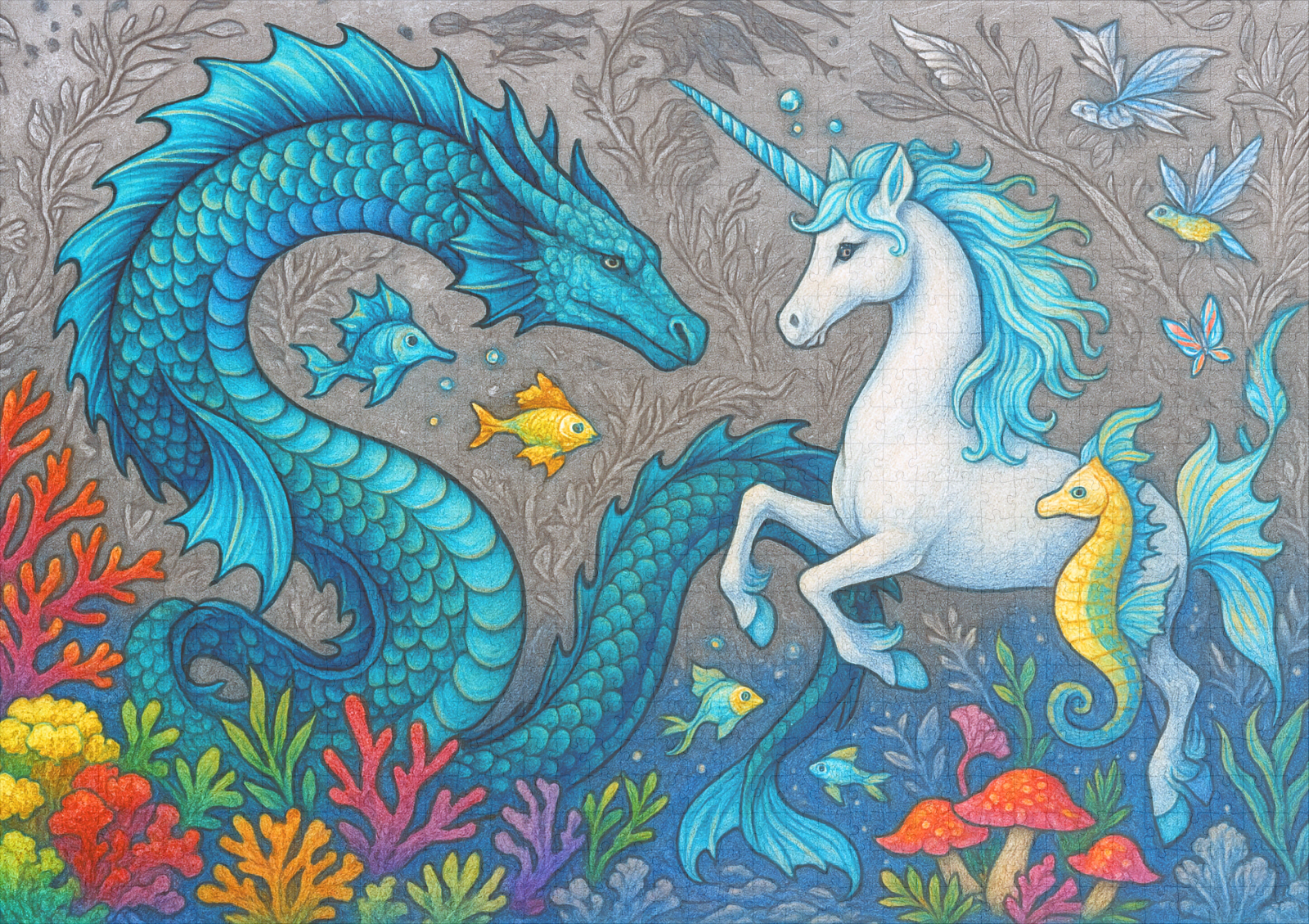 raxxa Premium-Puzzle: Wasserdrache und Seepferdchen-Einhorn - mystische Wesen – Bild 2