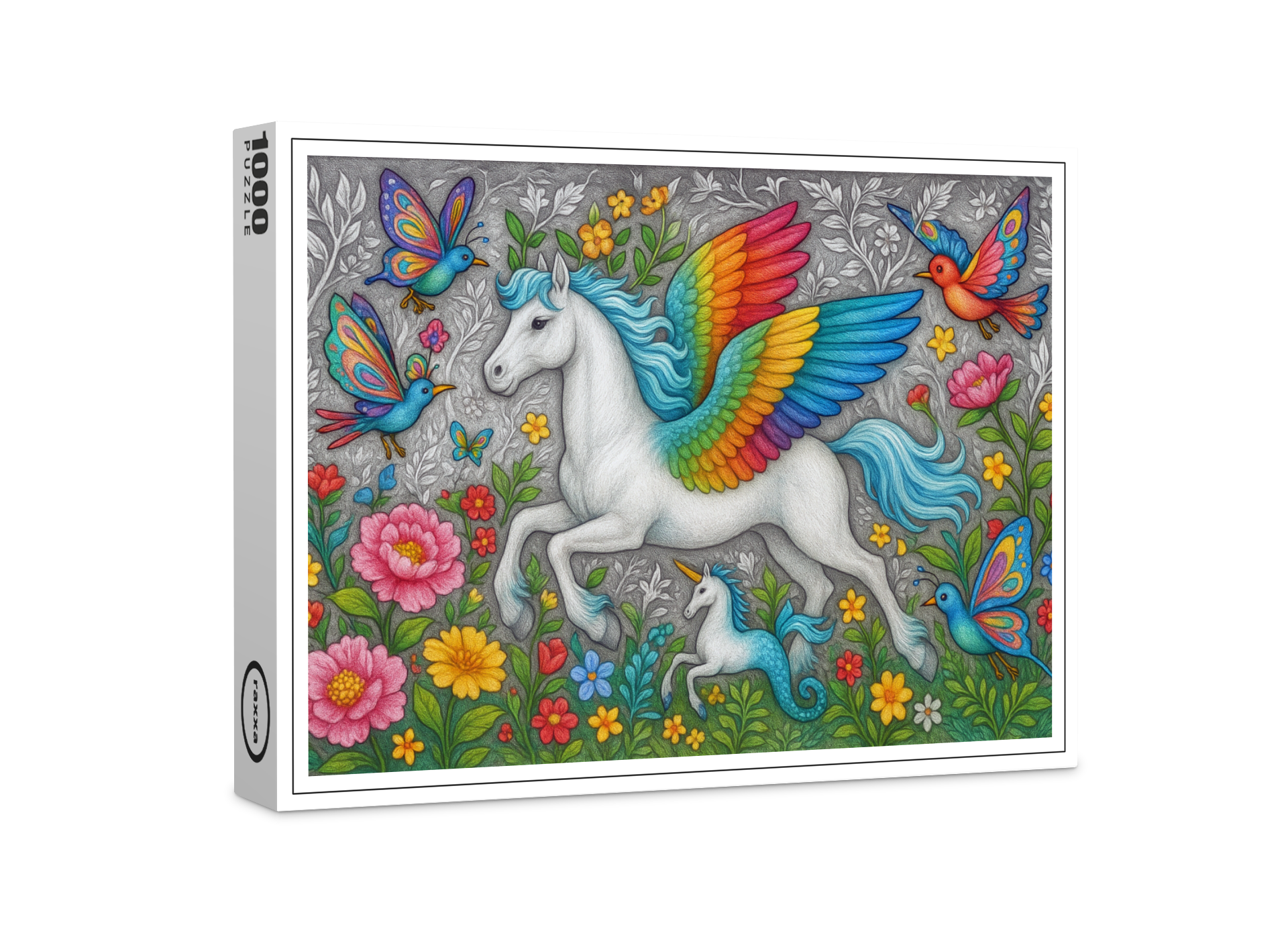 raxxa Premium-Puzzle: Regenbogenpegasus und Kristallvögel - mystische Wesen
