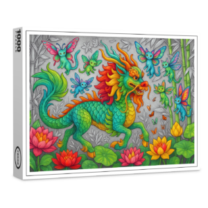 raxxa Premium-Puzzle: Chinesischer Qilin und Libellenkatzen - mystische Wesen