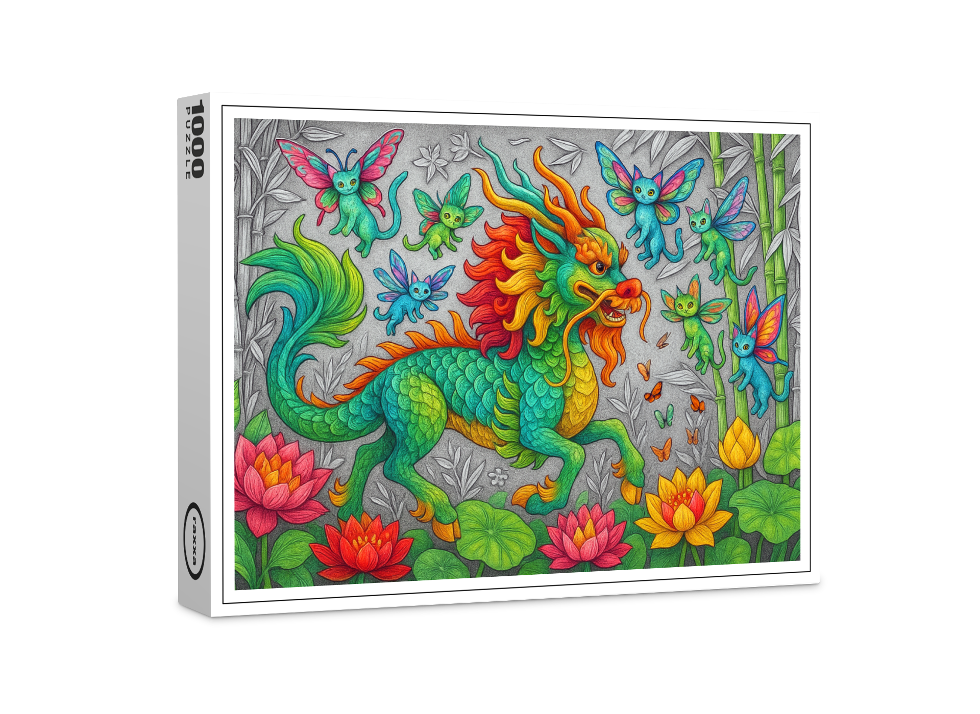 raxxa Premium-Puzzle: Chinesischer Qilin und Libellenkatzen - mystische Wesen