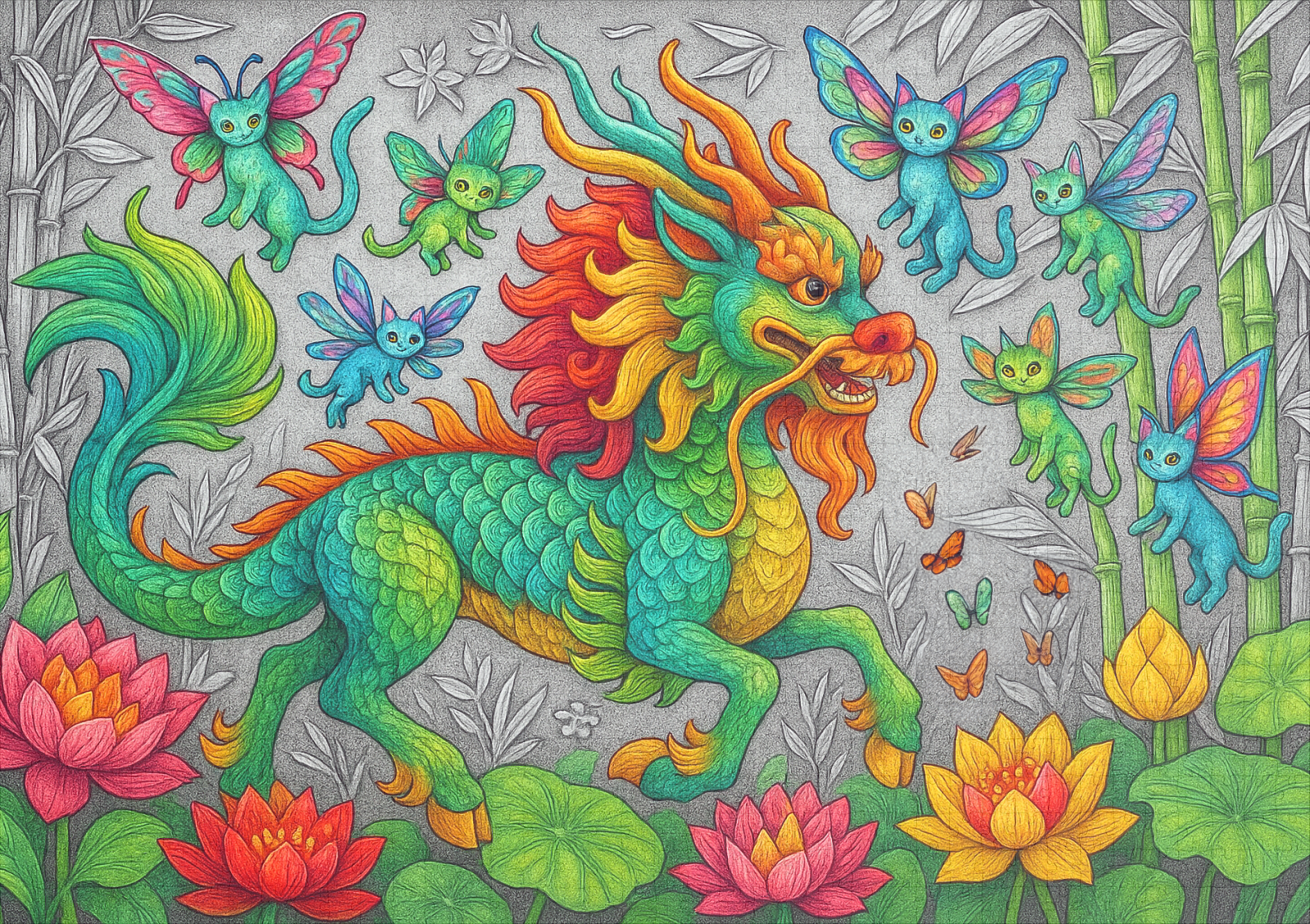 raxxa Premium-Puzzle: Chinesischer Qilin und Libellenkatzen - mystische Wesen – Bild 2