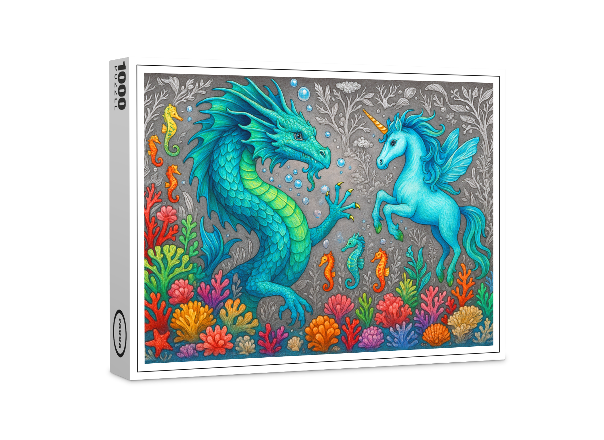 raxxa Premium-Puzzle: Wasserdrache und Seepferdchen-Einhorn - Wesen der Mystik