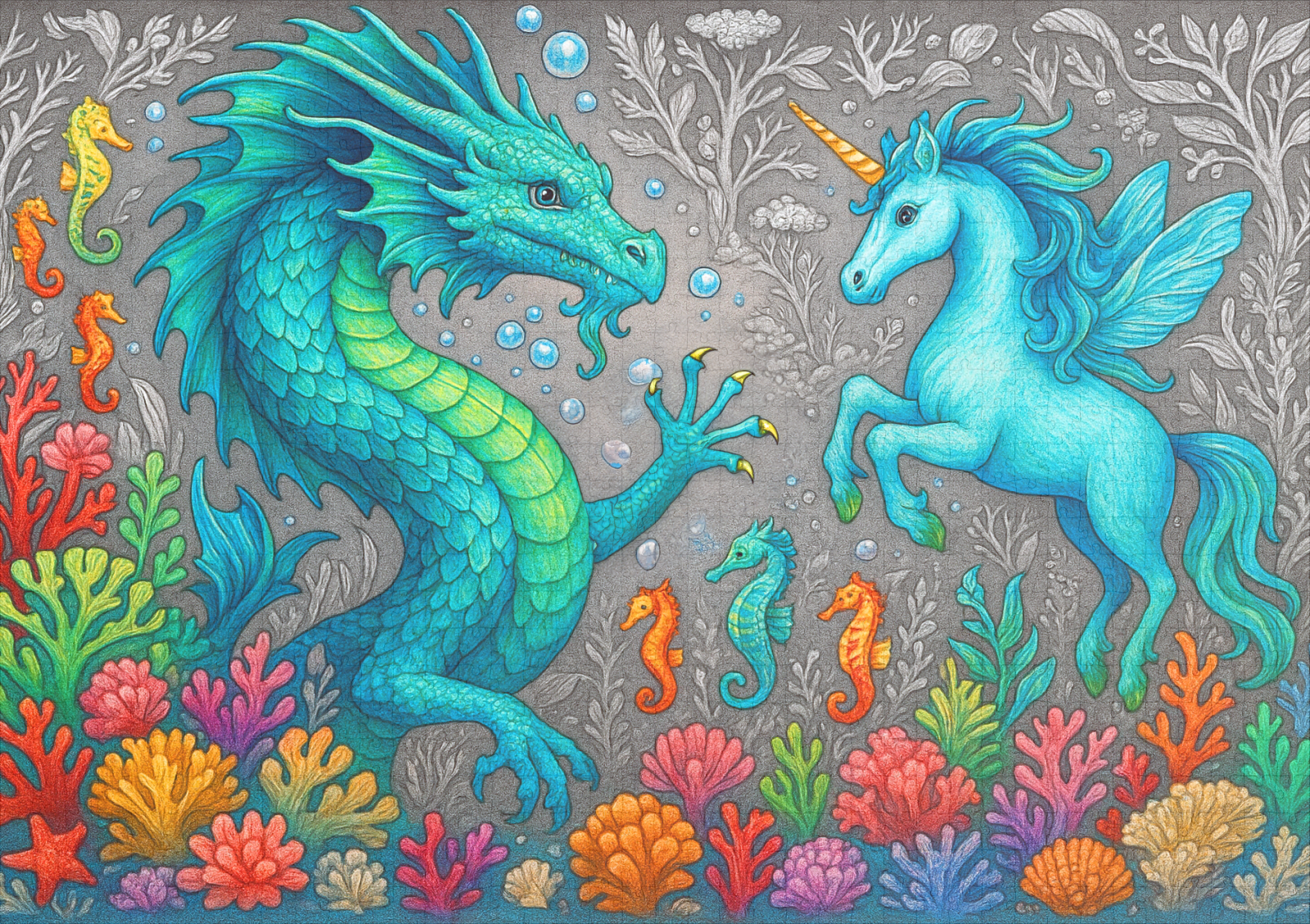 raxxa Premium-Puzzle: Wasserdrache und Seepferdchen-Einhorn - Wesen der Mystik - immagine 2