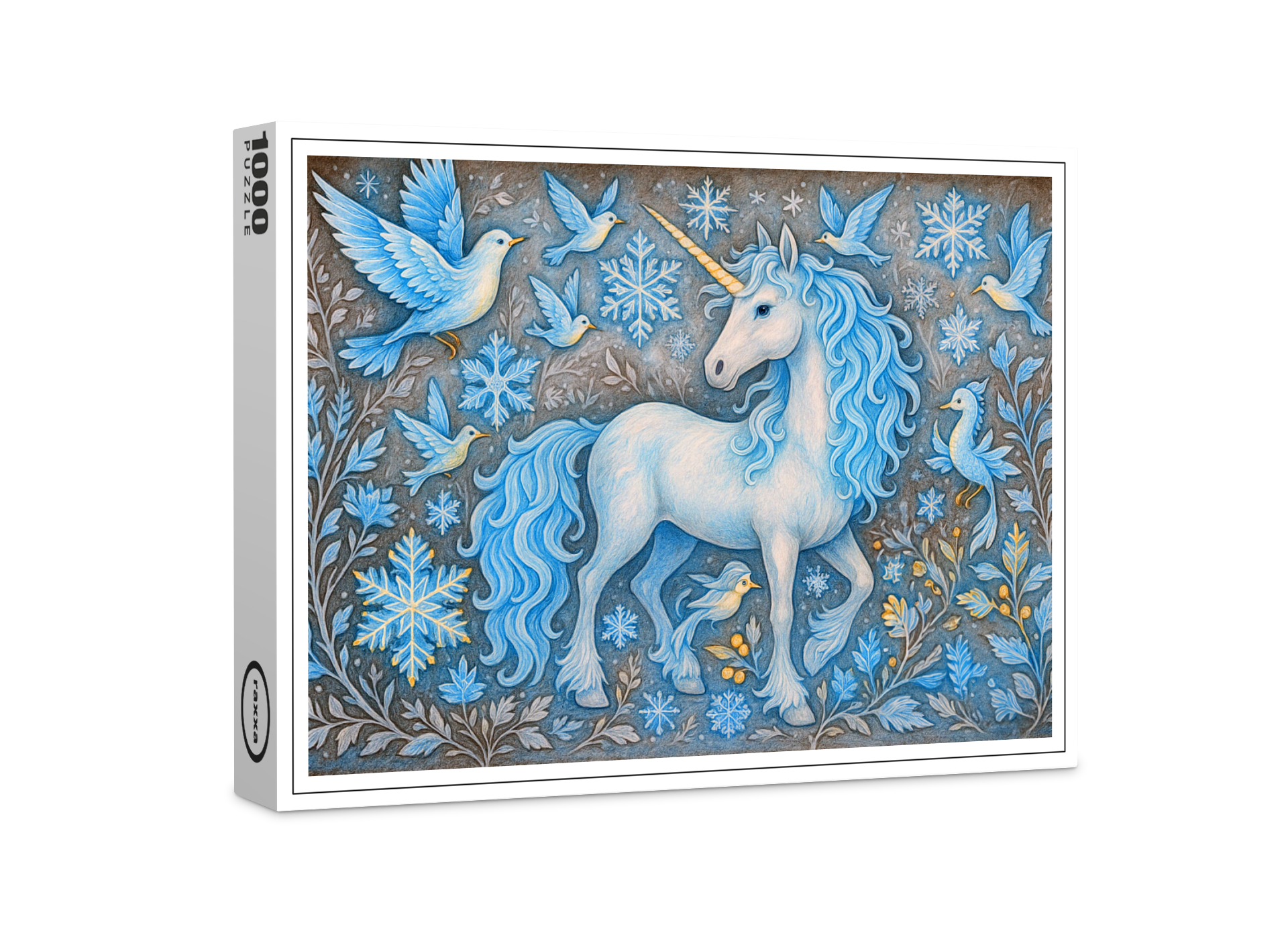 raxxa Premium-Puzzle: Schneeeinhorn und Eiskristall-Vögel - mystische Wesen