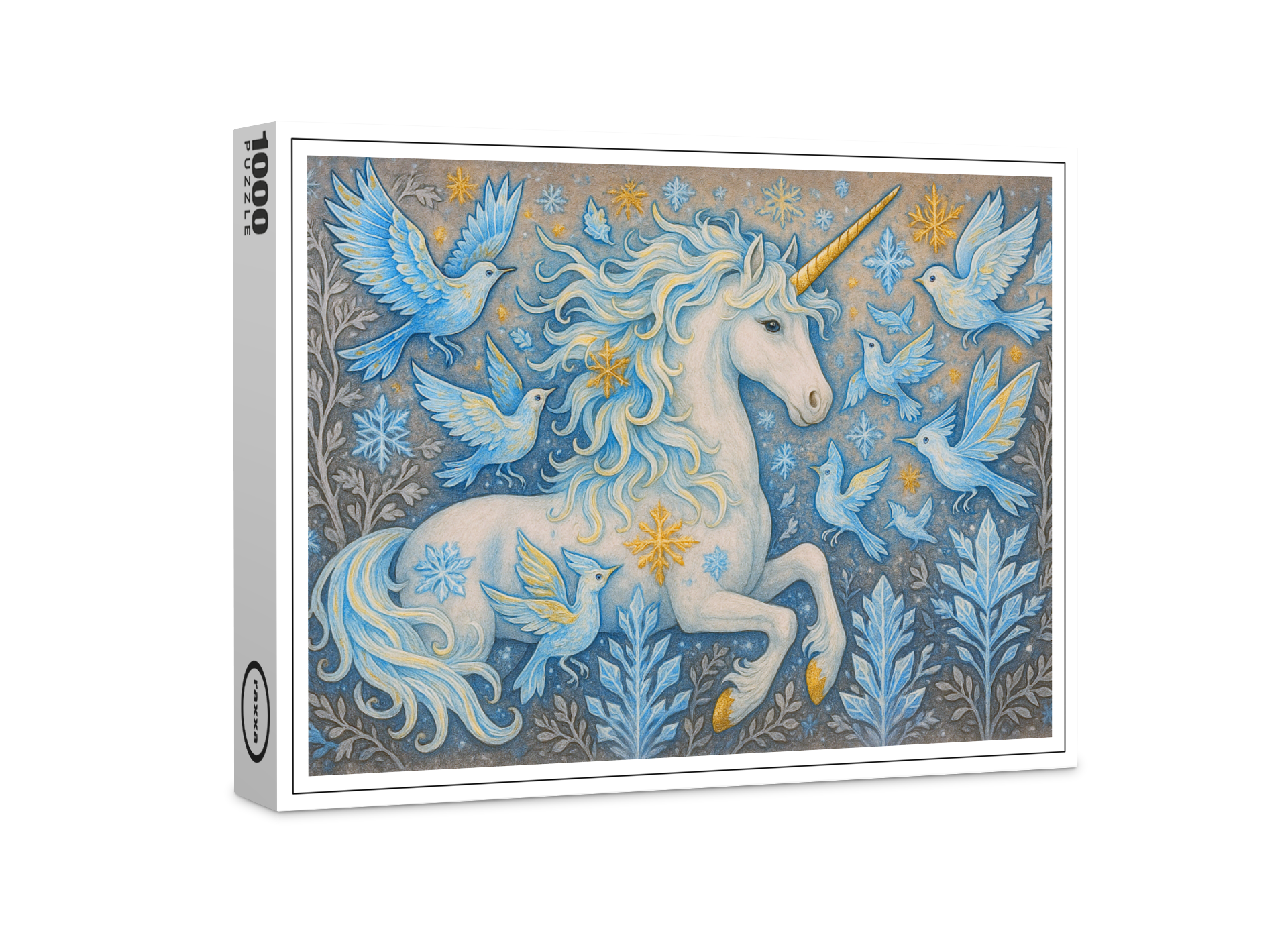 raxxa Premium-Puzzle: Schneeeinhorn und Eiskristall-Vögel - Wesen der Mystik
