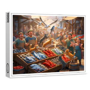 raxxa Premium-Puzzle: Fischfang mal anders - lustiges Treiben von Katzen und Möwen auf dem Fischmarkt
