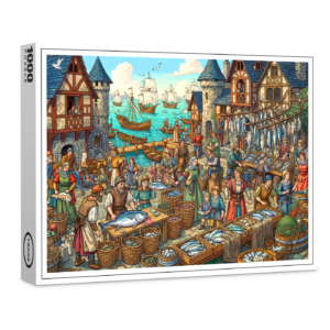 raxxa Premium-Puzzle: Fischmarkt im Mittelalter - Wimmelbild um den frischen Fisch