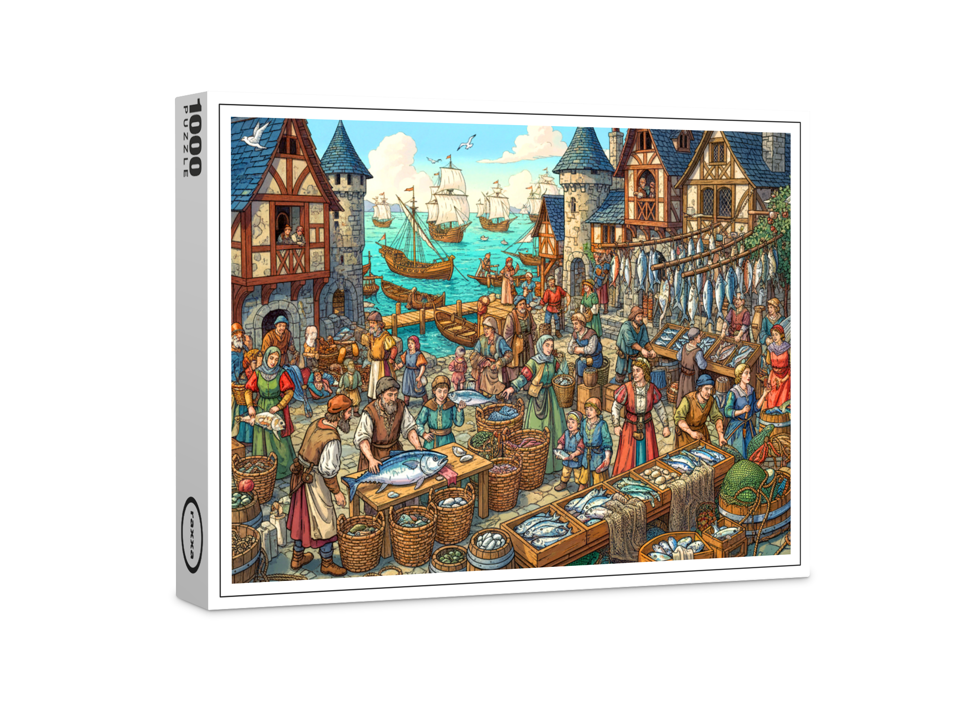 raxxa Premium-Puzzle: Fischmarkt im Mittelalter - Wimmelbild um den frischen Fisch