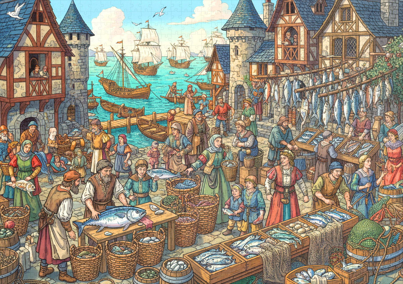 raxxa Premium-Puzzle: Fischmarkt im Mittelalter - Wimmelbild um den frischen Fisch – Bild 2