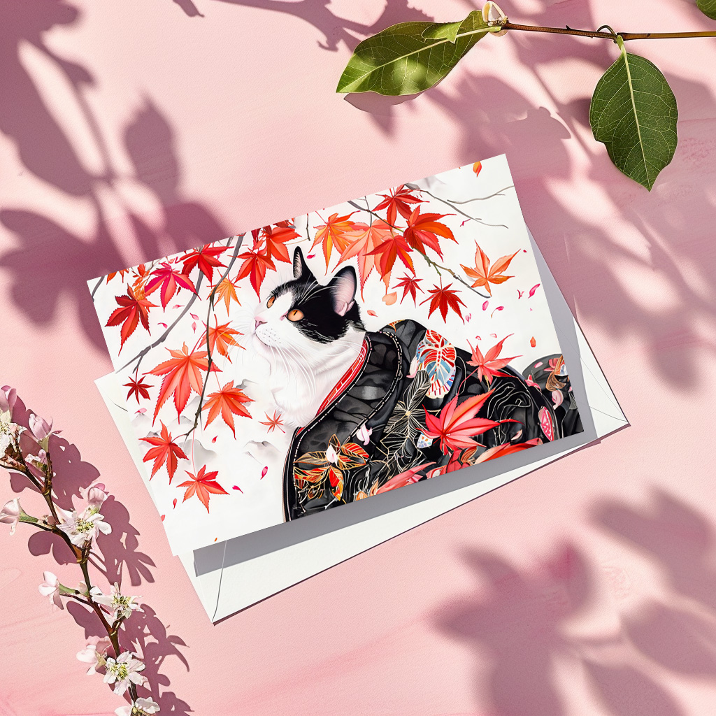 raxxa Postkarte: Curious Kitten in Autumn Leaves in Chinese Ink Painting Style