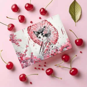raxxa Postkarte: Serene Geisha Cat with Red Parasol and Cherry Blossoms in Chinese Ink Painting Style
