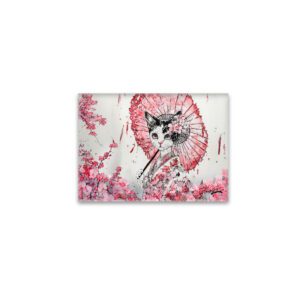 raxxa Glas-Magnet: Serene Geisha Cat with Red Parasol and Cherry Blossoms in Chinese Ink Painting Style