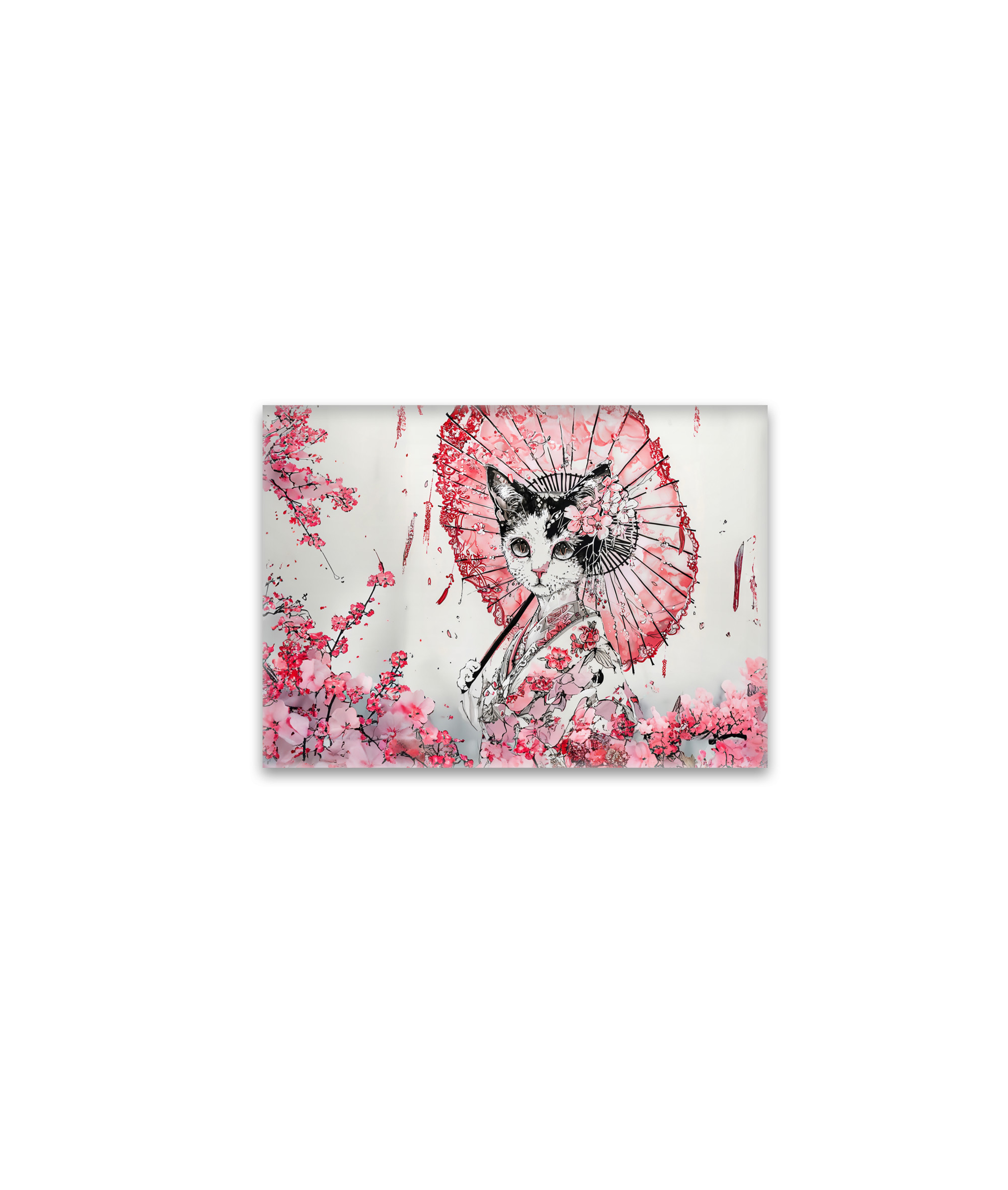 raxxa Glas-Magnet: Serene Geisha Cat with Red Parasol and Cherry Blossoms in Chinese Ink Painting Style