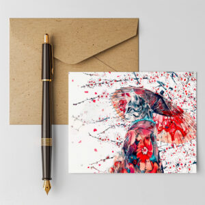 raxxa Postkarte: Majestic Geisha Cat Among Cherry Blossoms in Chinese Ink Painting