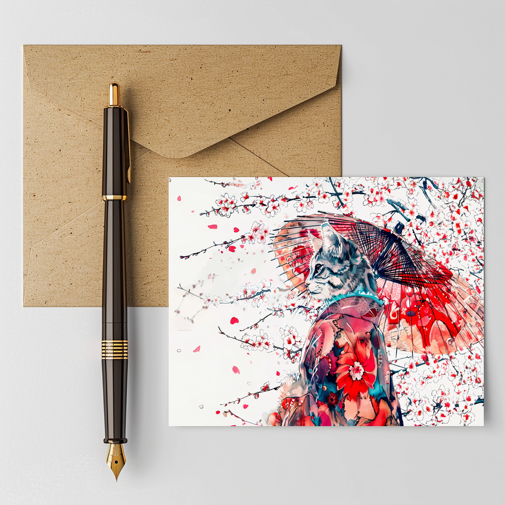 raxxa Postkarte: Majestic Geisha Cat Among Cherry Blossoms in Chinese Ink Painting