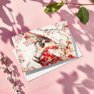 raxxa Postkarte: Serene Geisha Cat in Red Kimono and Cherry Blossoms, Chinese Ink Painting
