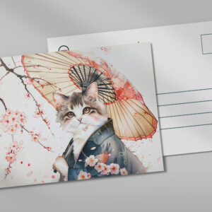 raxxa Postkarte: Noble Geisha Cat with Bamboo Umbrella in Chinese Ink Painting