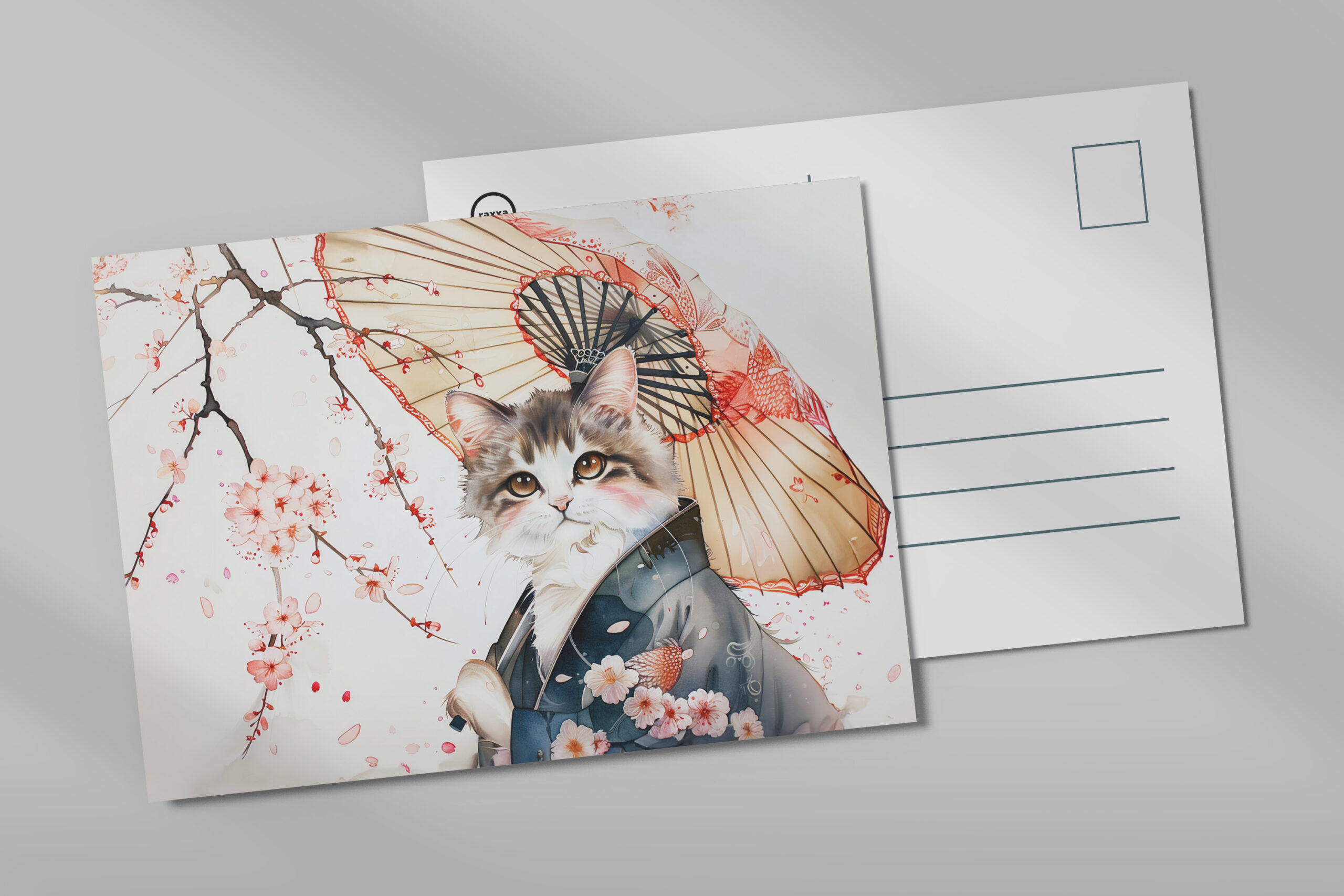 raxxa Postkarte: Noble Geisha Cat with Bamboo Umbrella in Chinese Ink Painting
