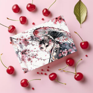 raxxa Postkarte: Geisha Cat with Parasol and Cherry Blossoms in Chinese Ink Painting