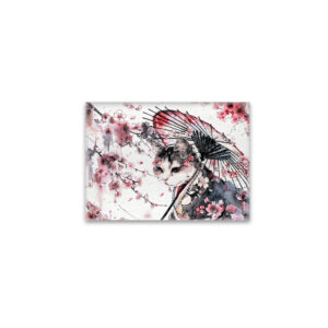 raxxa Glas-Magnet: Geisha Cat with Parasol and Cherry Blossoms in Chinese Ink Painting