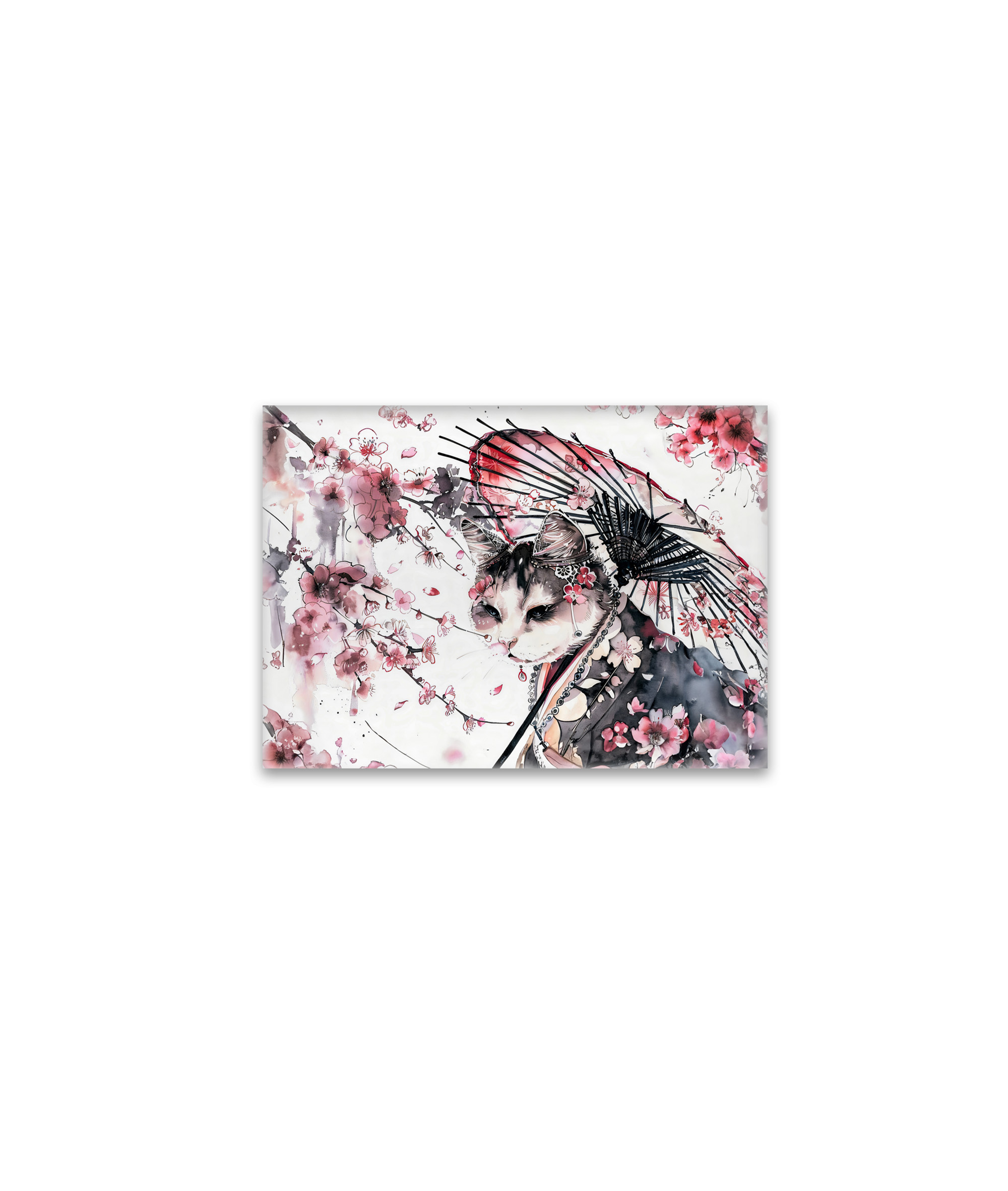 raxxa Glas-Magnet: Geisha Cat with Parasol and Cherry Blossoms in Chinese Ink Painting