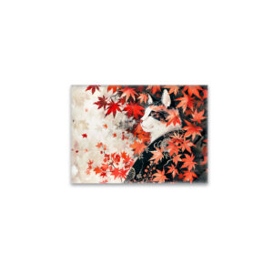 raxxa Glas-Magnet: Black and White Geisha Cat Under Red Maple Leaves in Chinese Ink Painting Style