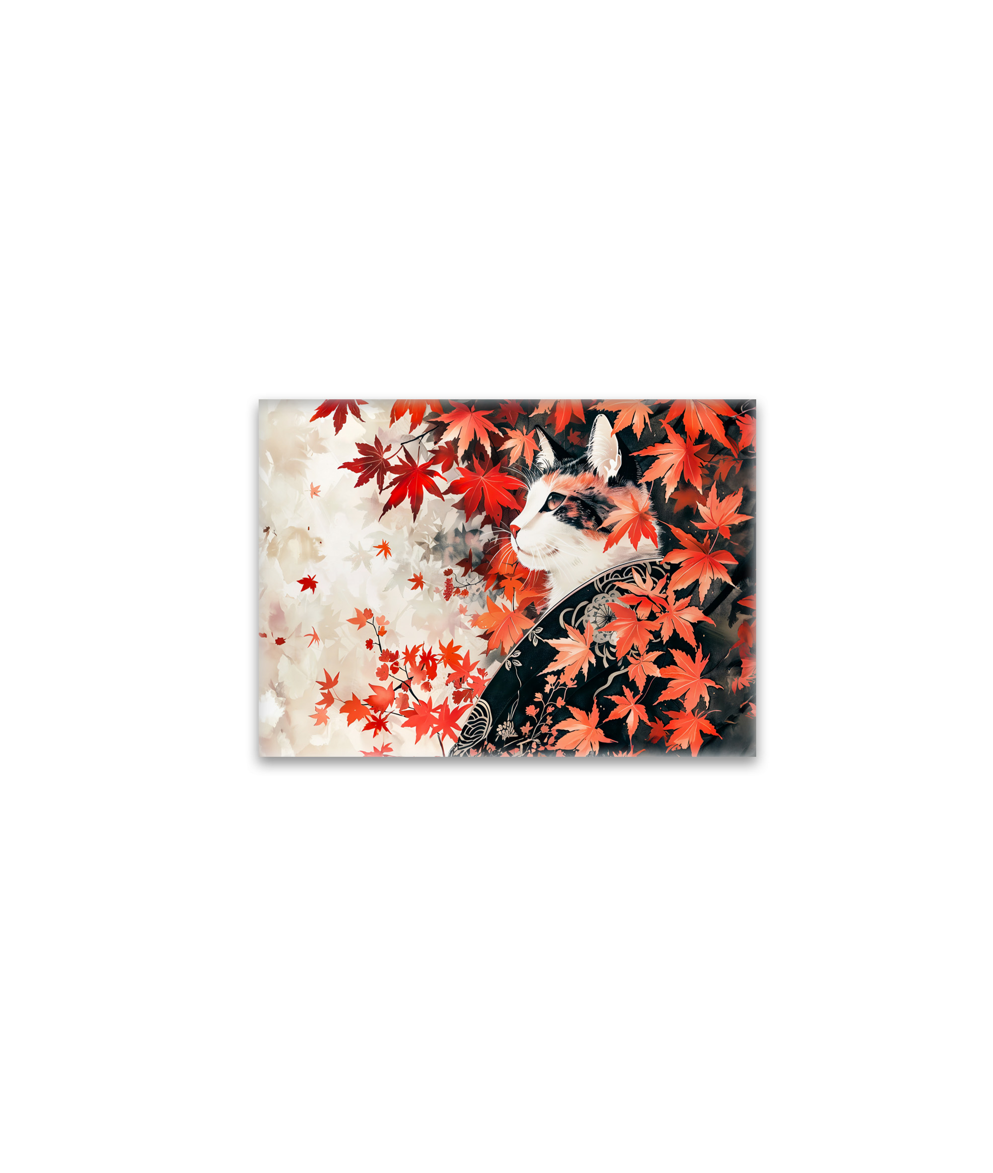 raxxa Glas-Magnet: Black and White Geisha Cat Under Red Maple Leaves in Chinese Ink Painting Style