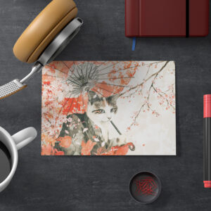raxxa Postkarte: Geisha Cat with Parasol and Cherry Blossoms in Chinese Ink Painting