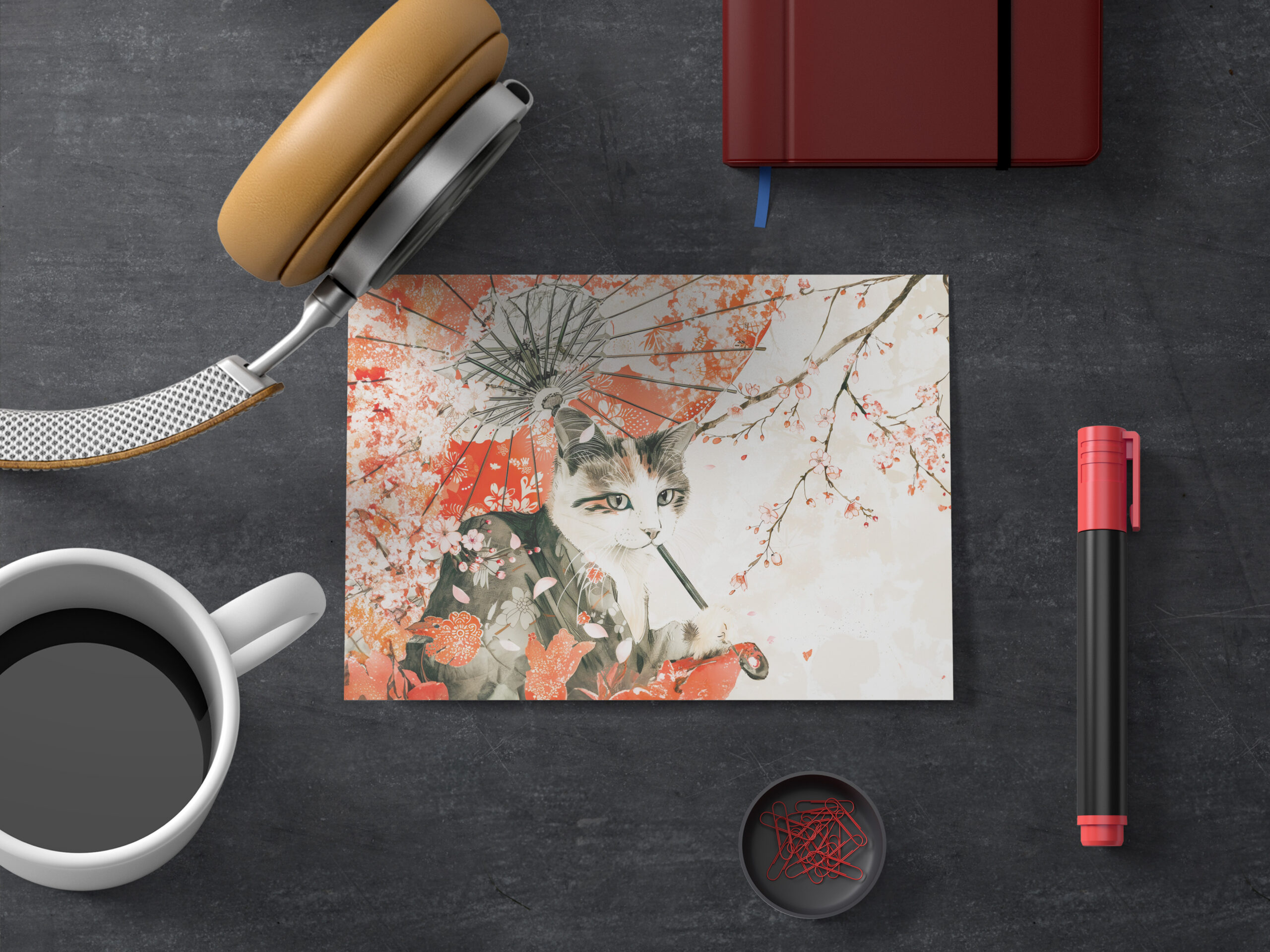 raxxa Postkarte: Geisha Cat with Parasol and Cherry Blossoms in Chinese Ink Painting