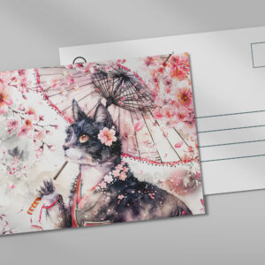 raxxa Postkarte: Geisha Cat with Parasol and Cherry Blossoms in Chinese Ink Painting