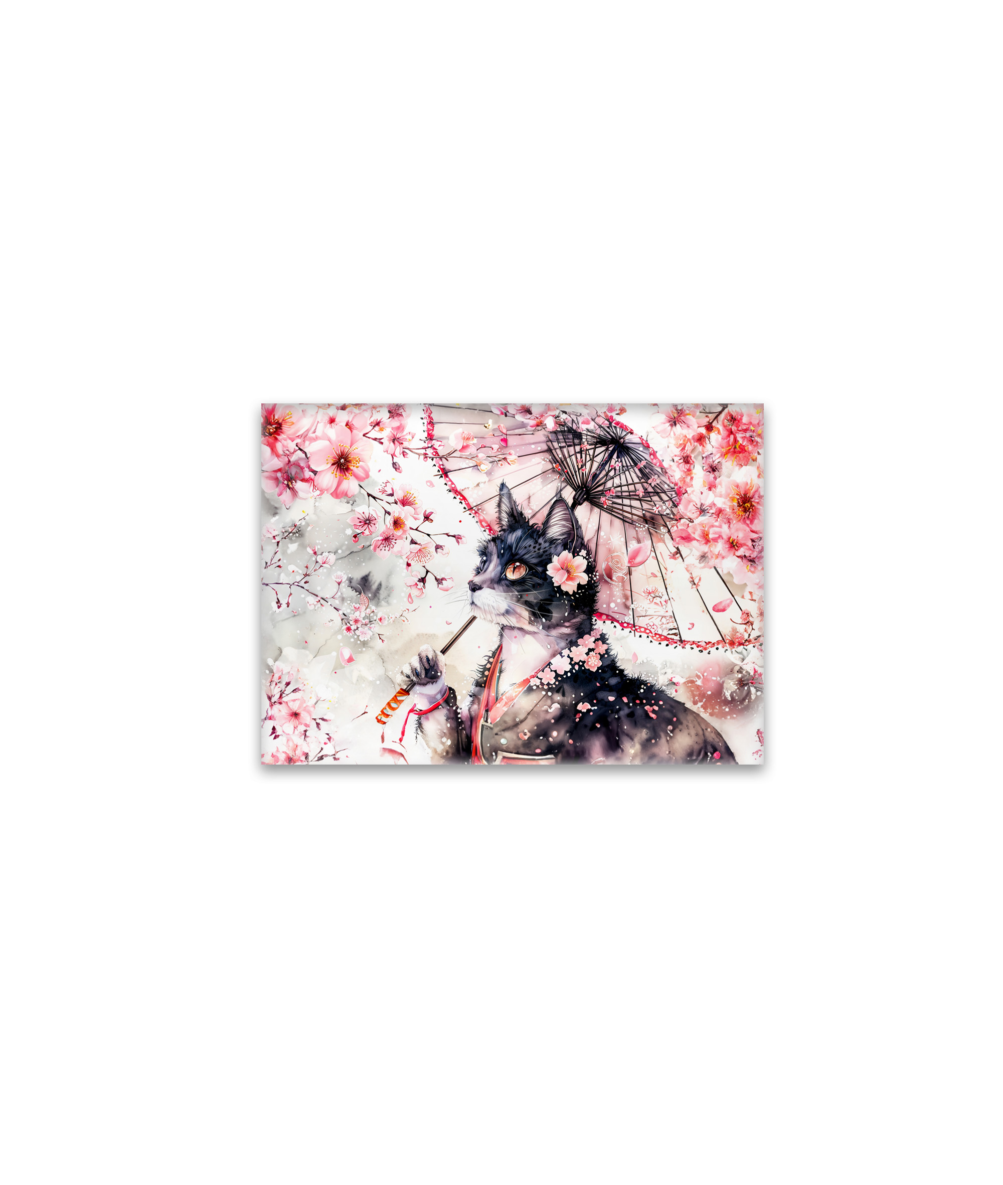 raxxa Glas-Magnet: Geisha Cat with Parasol and Cherry Blossoms in Chinese Ink Painting